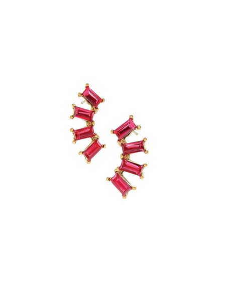 Baguette Crys Fan Stud - Worn Gold/Fuchsia