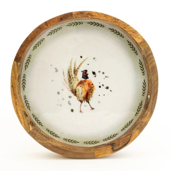 Handcrafted Round Wooden Tray Pheasant 30cm