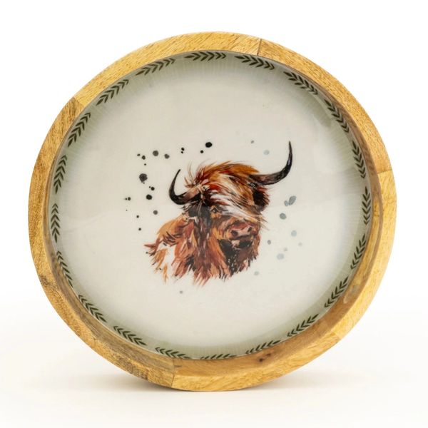 Handcrafted Round Wooden Tray Highland Cow 30cm