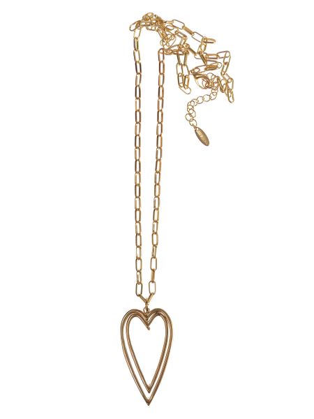 Twin Heart Frame Pendant - Worn Gold - necklace