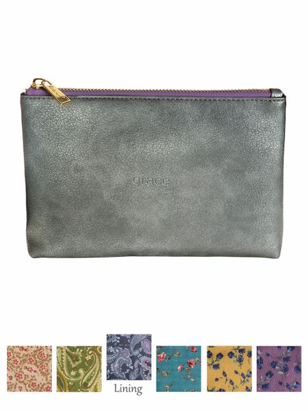 Faux Lthr Pouch 'Grace' 20x12cm - Pewter & Lavender