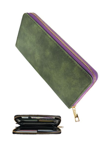 Large Purse/Organiser W/Contrast Zip - Khaki & Lilac