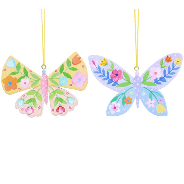 Wood Dec 7cm - Pastel Flowers Butterfly - Choose Colour