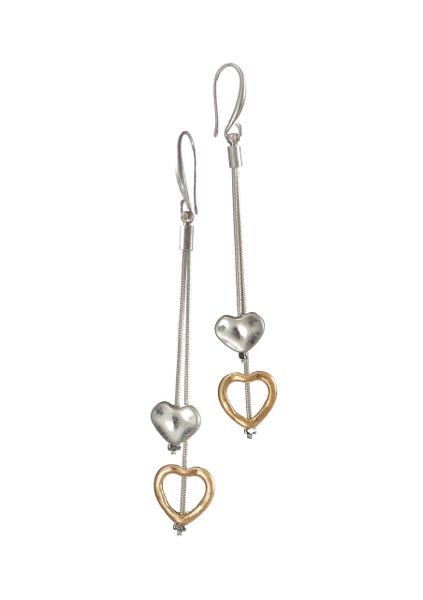 Double Heart Chain Drops - Worn Silver & Gold
