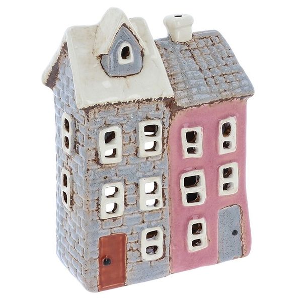 Village Pottery Tiled Two Houses Tealight - Grey / Pink