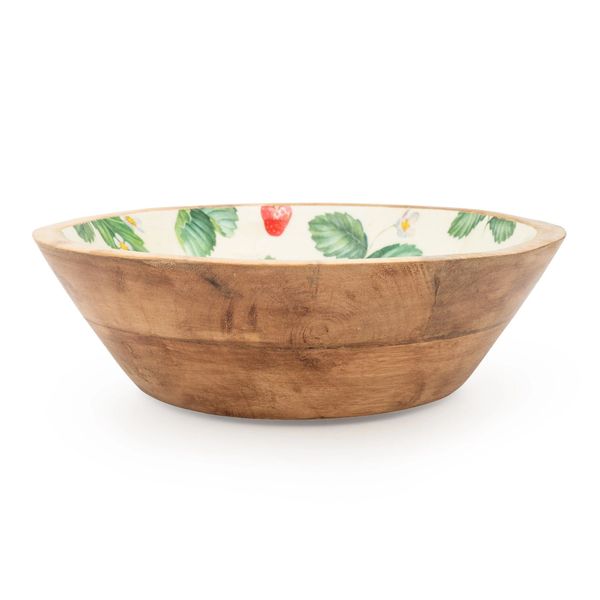 Handcrafted Large Mango Wood Bowl - Strawberries