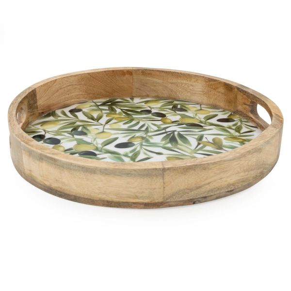 Handcrafted Round Tray Mango Wood - Olives 30cm