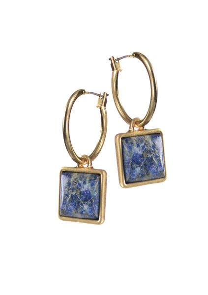 Hoops with Stone Square Drops - Worn Gold/Peruvian Sodalite