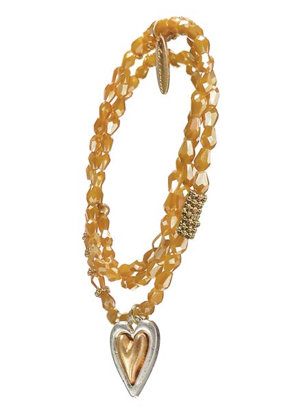 Dble Row W/ Two Tone Heart Drop - Mustard/Silver/Gold