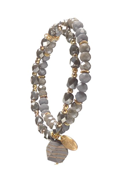 Facetted Wooden Bead off Dble Crys Row - Gold/Grey