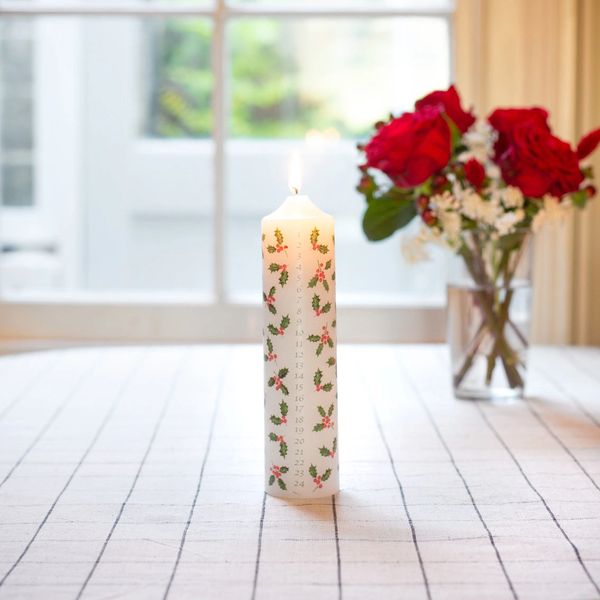 Botanical Holly Christmas Pillar Advent Candle