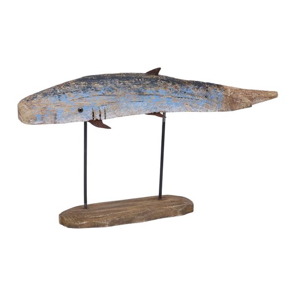 Rustic Blue Whale on Plinth - Wood Ornament 30cm