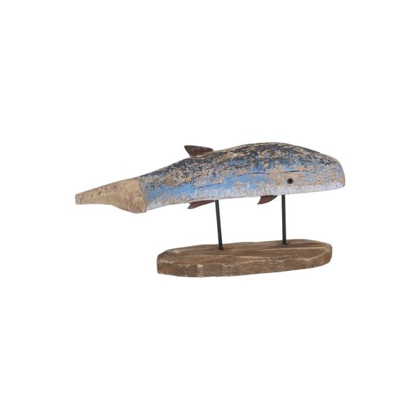 Rustic Blue Whale on Plinth - Wood Ornament 19.5cm