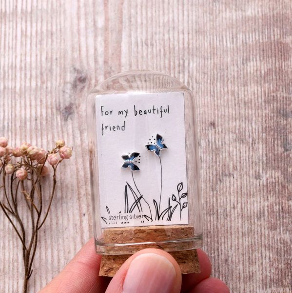 FOR MY FRIEND Blue enamel butterfly earrings