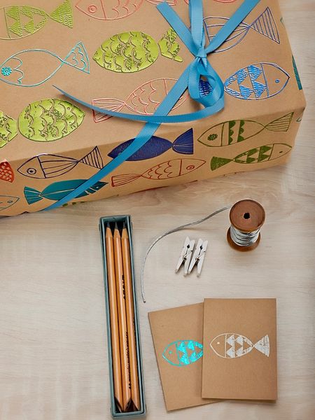 Fish - Colourful Foil on brown paper Gift Wrap