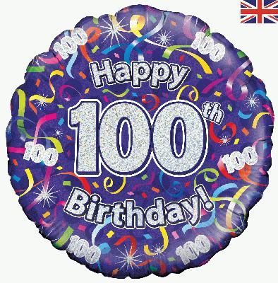 Holographic Streamers 100th birthday foil balloon 18 inch