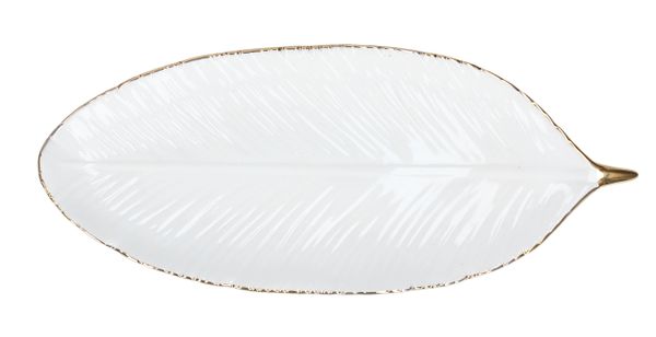 Ceramic Dish 27cm - White Leaf/Gold Feathers