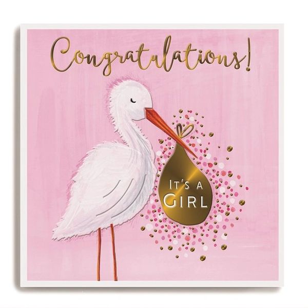 Stork holding bag pink - Congratulations it's a girl