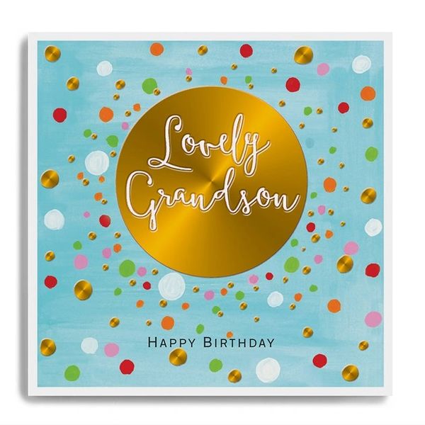 Happy Birthday Lovely Grandson - Gold Circle with Blue Background