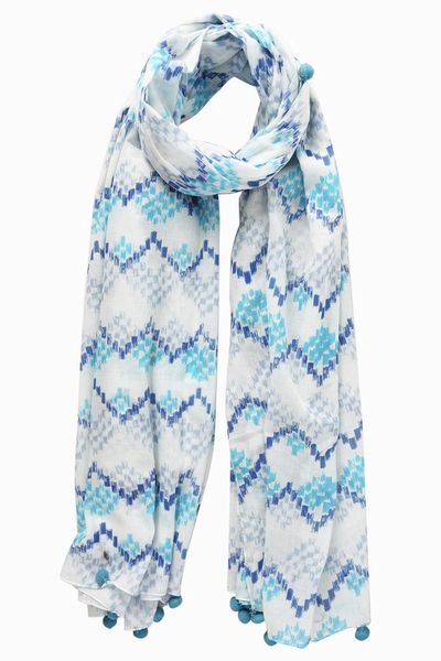 Blue / White Geometric Pattern Pom Pom Scarf