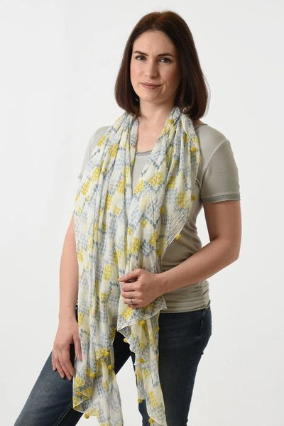 Grey & Mustard Geometric Pattered Pom Pom Scarf