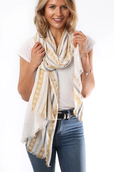 White, Mustard & Grey Woven Scarf