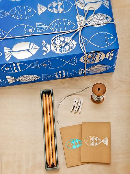 Fish - Silver Foil on Deep Blue field Gift Wrap