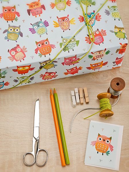 Owls Gift Wrap Light Blue