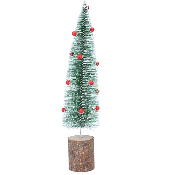 Green Bristle Tree with red bells on wooden base - large 31cm