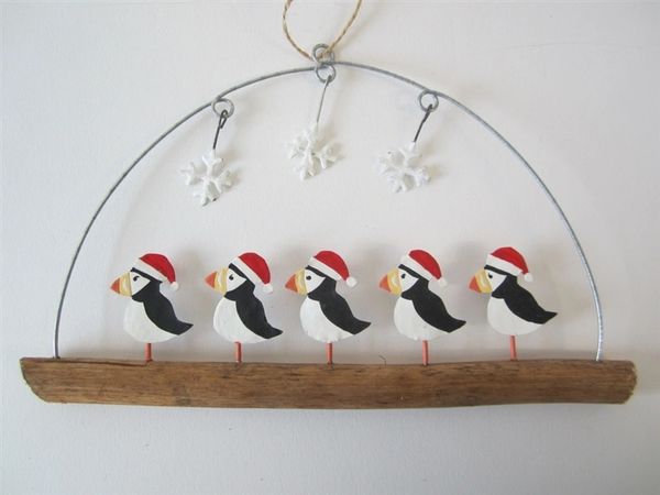 Puffins in hats on twig W20cm H12cm