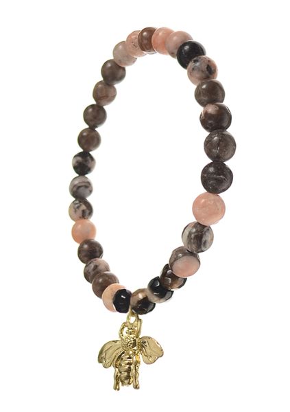 Natural Stone Beads W/Bee Charm - Pink W/Worn Gold Bracelet