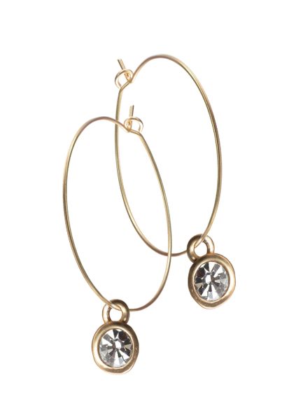 Wire Hoops W/Cupped Crystal - Matt Gold/Clear Earrings