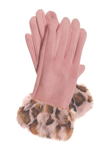 Faux Suede W/Leopard Fur Trim - Pink