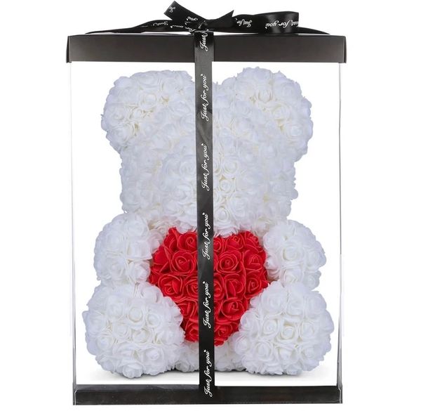 Handmade White Rose Bear with Red Love Heart 40cm in gift box