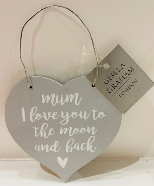 Mum Hanging Wooden Grey Heart - Choose Wording