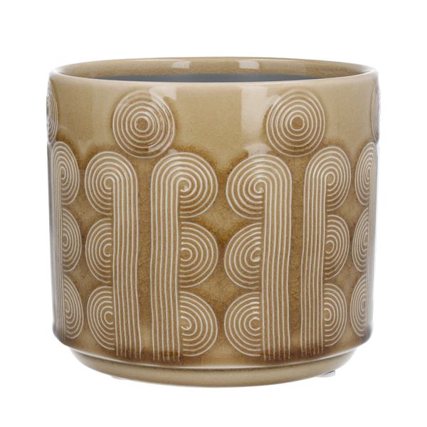 Ceramic Pot Cover 14cm - Mustard Retro Circles