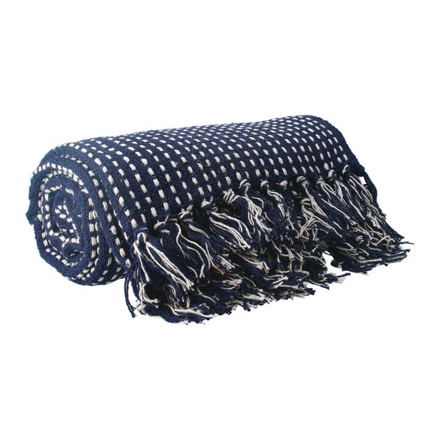 Navy Woven Stab Stitch Cotton Throw 150cm