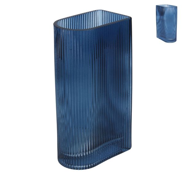 Glass Vase 20cm - Blue Ribbed D-Shape