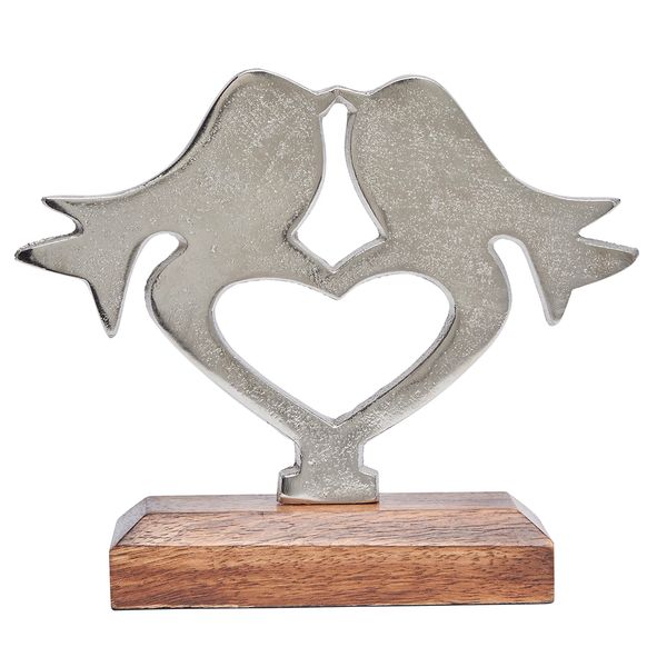 Silver metal lovebirds on wooden base