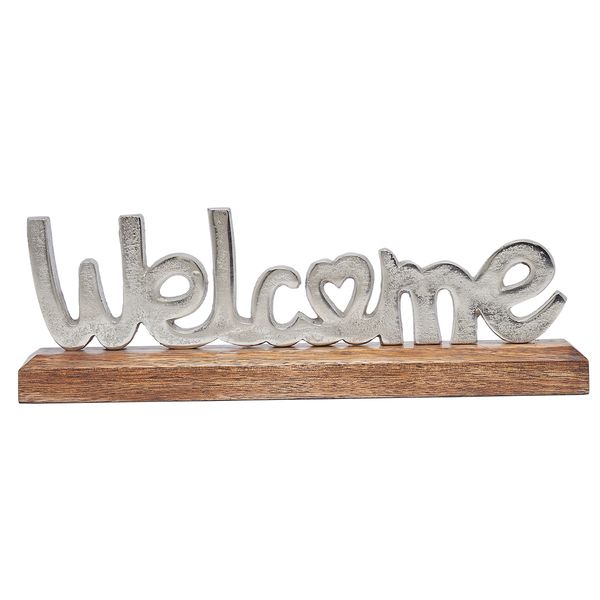 Silver metal Welcome on wooden base