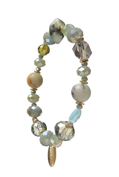 Solo Strand Facetted Glass & Stone Bracelet - Sage Tones