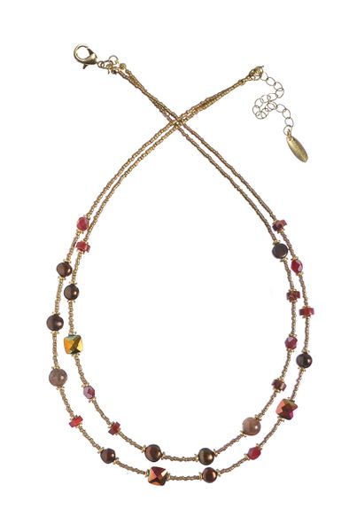 Double Row Stone Beads & Pearls Necklace - Pinks