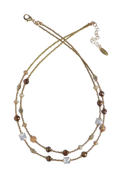 Double Row Stone Beads & Pearls Necklace - Natural