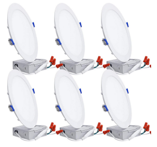 Set of six round LED recessed ceiling lights with connectors.