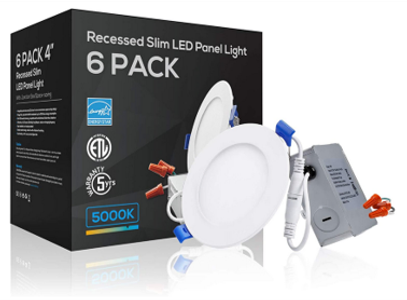 6-pack recessed slim LED panel lights with 5000K brightness and 5-year warranty.