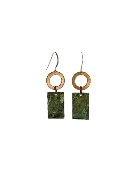 Earring 3/4" Acid Patina Copper Rectangle and 1/2" Washer