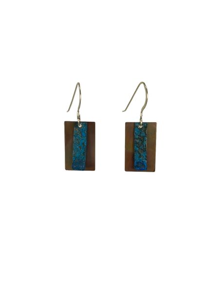 Earring Flame Oxidized Small Rectangle with Small Blue Strip