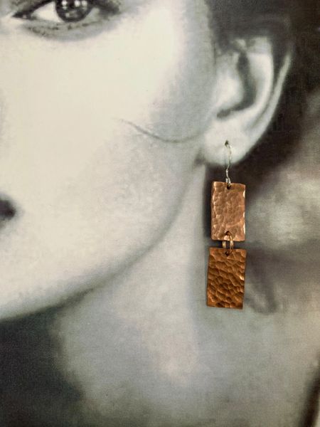 Earring Double Hammered Copper Rectangles