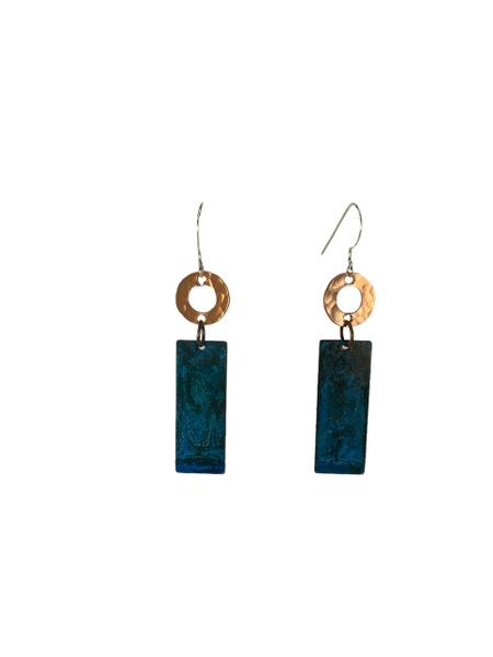 Earring Long Blue Rectangle with Hammered Copper 1/2" Washer
