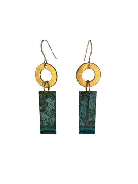 Earring Long Blue Copper Rectangle With Brass Washer